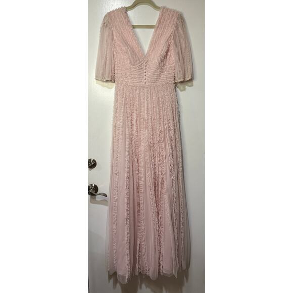 Mac Duggal V Neck Puff Sleeve Ruffle Tiered A Line Gown Rose Size 2 NWOT #A8050 - Picture 2 of 15